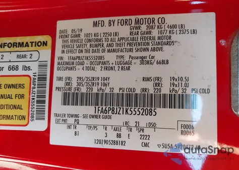 2019 Ford Mustang Shelby Gt350 Fastback from USA, damaged, VIN 1FA6P8JZ1K5552085